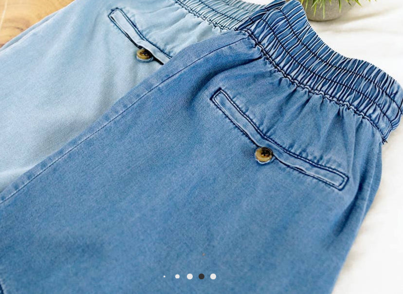Chambray Frayed Hem Shorts with Pockets