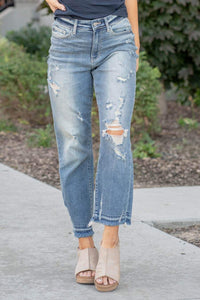 Judy Blue Medium Wash High Waist Straight Fit  W/Distressing and Raw Hem Denim