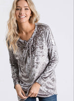 Load image into Gallery viewer, Charcoal Crushed Velvet Eyelet Criss Cross Detail Top with Sleeve Band
