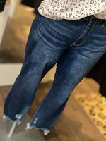 Load image into Gallery viewer, Curvy Judy Blue Dark Wash Mid-Rise Slim Fit Jean w/ Light Distress on Hem Only
