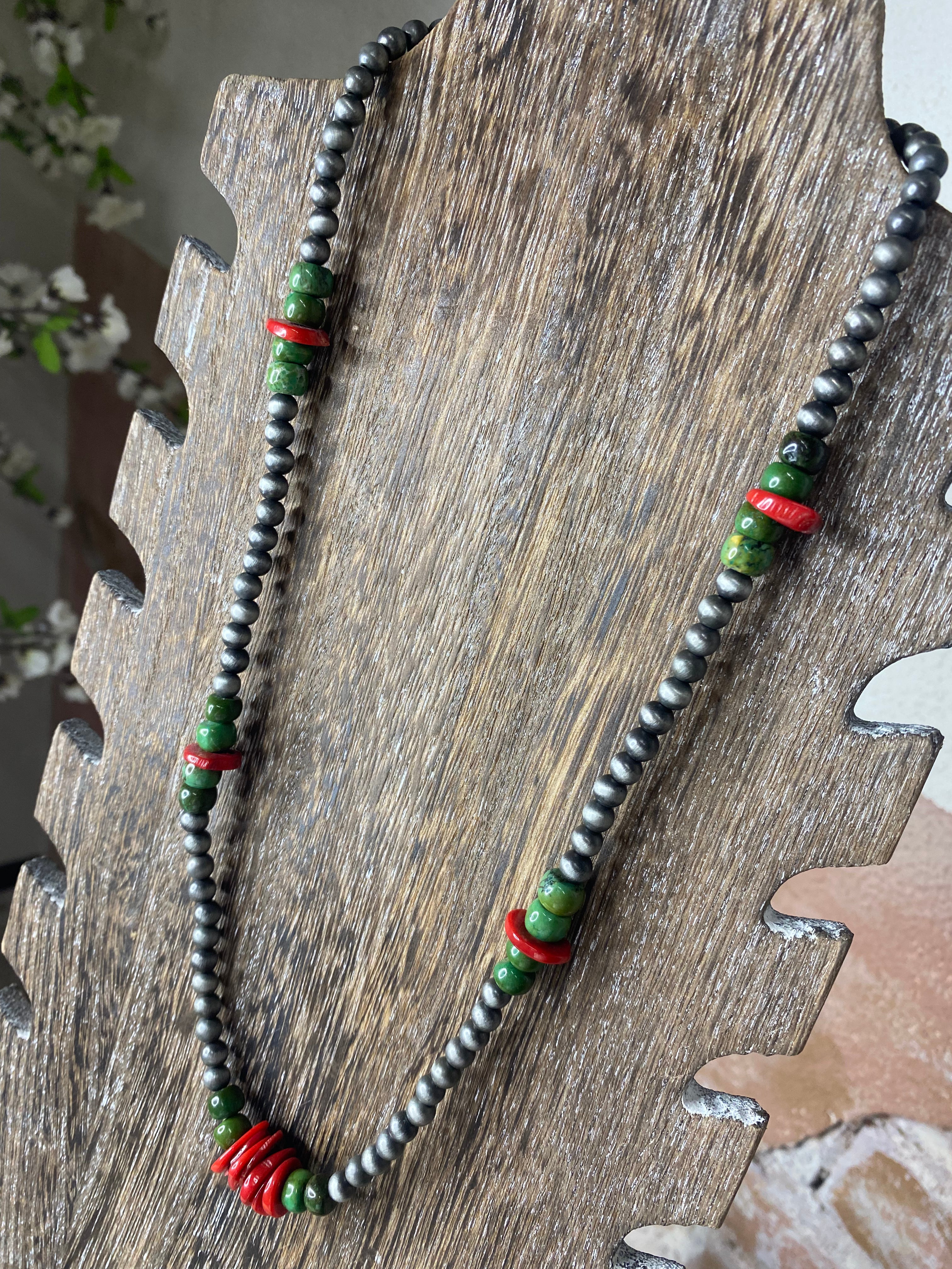Sara’s Faux Navajo Pearl Necklace w/ Red & Green Stones