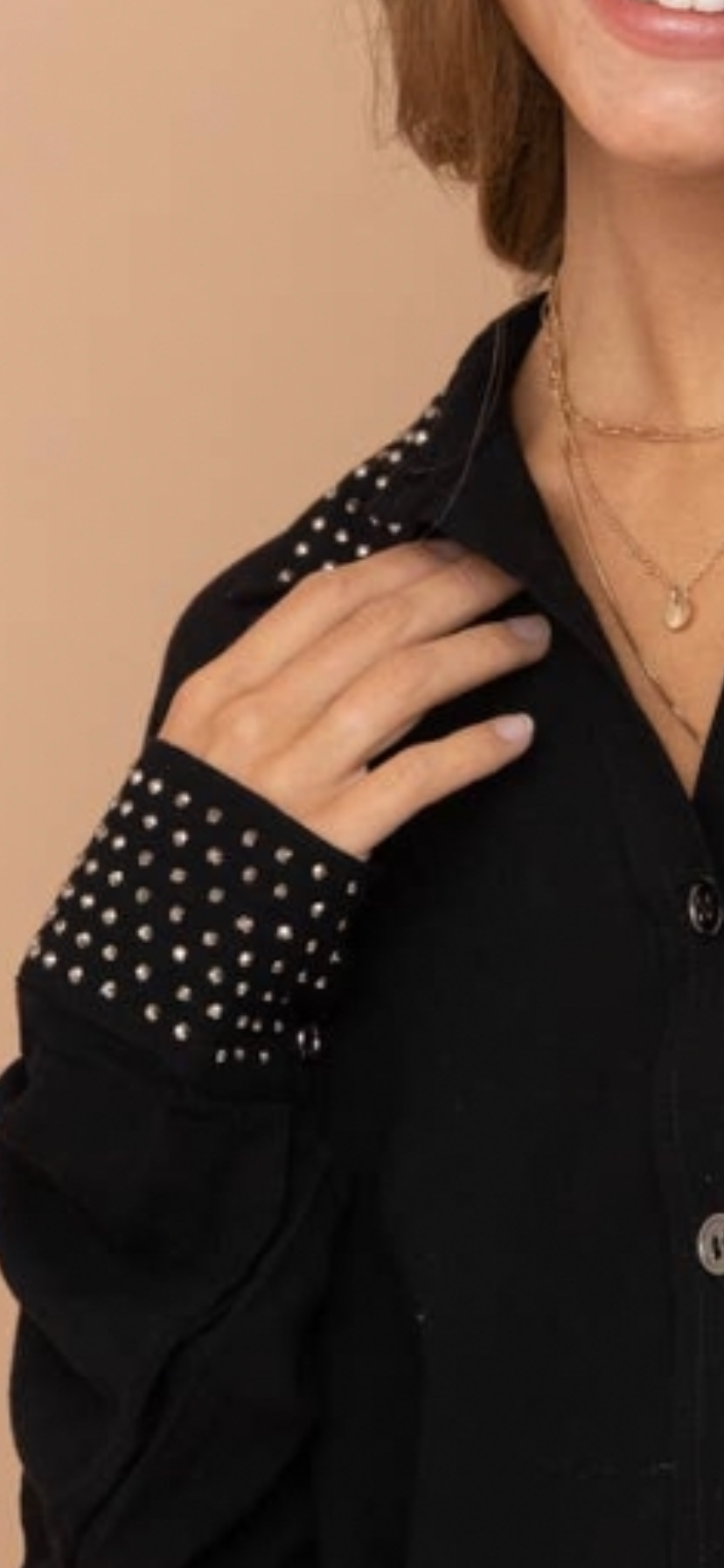 Blue B Black w/Rhinestone Studded Collar & Cuff Detail Shirt