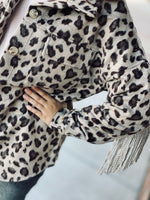 Load image into Gallery viewer, Blue B Brushed Leopard Button Up Shacket w/ Studded Fringe on Back
