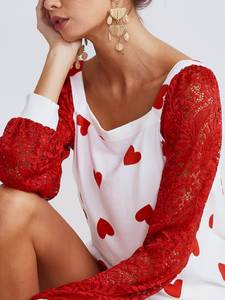 BiBi Heart Print Knit Top w/ Lace Seeves