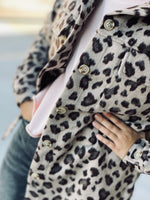 Load image into Gallery viewer, Blue B Brushed Leopard Button Up Shacket w/ Studded Fringe on Back
