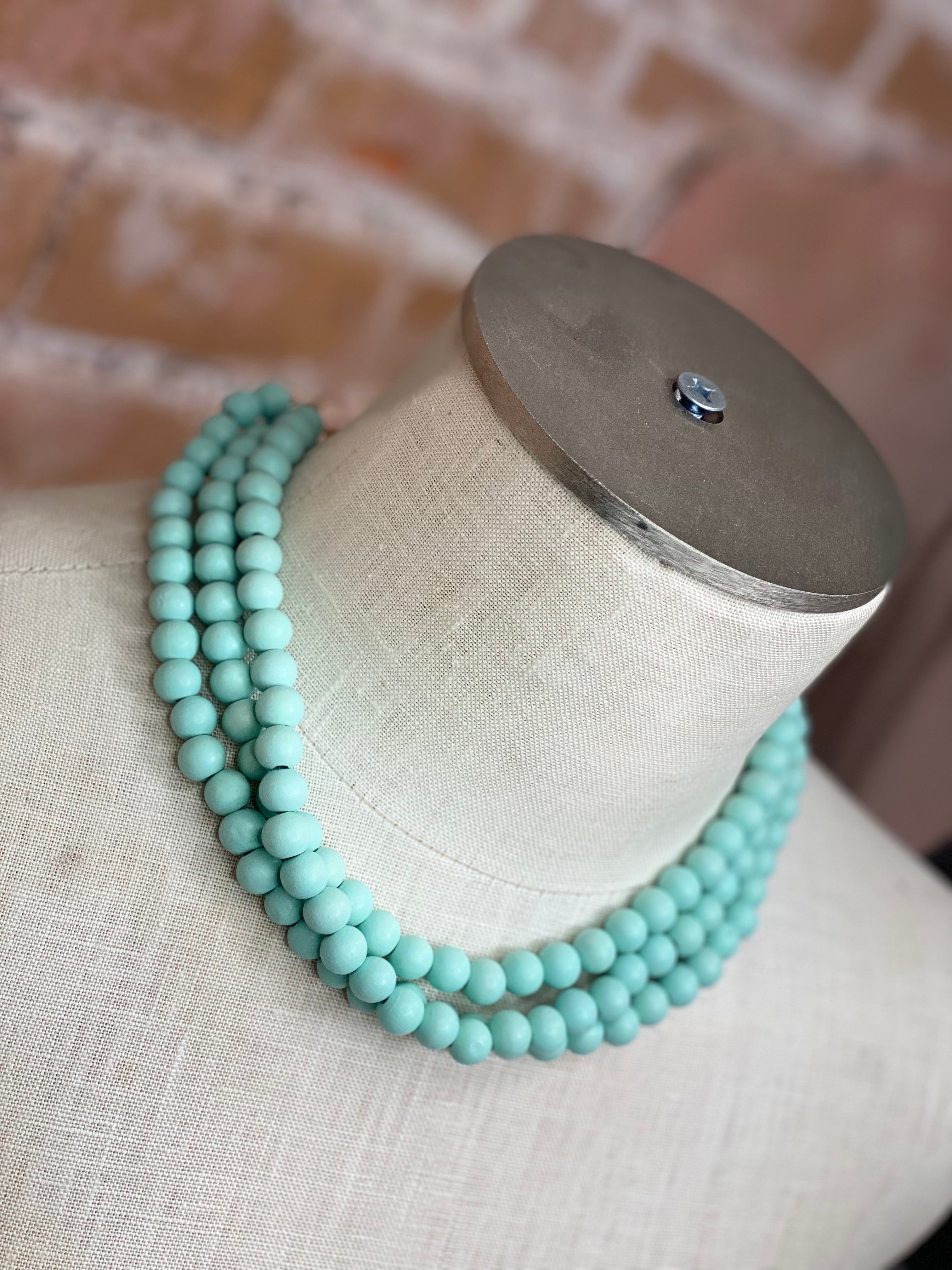 Pink Panache 3 Strand Wooden Bead Necklace (pink/turquoise/off white)