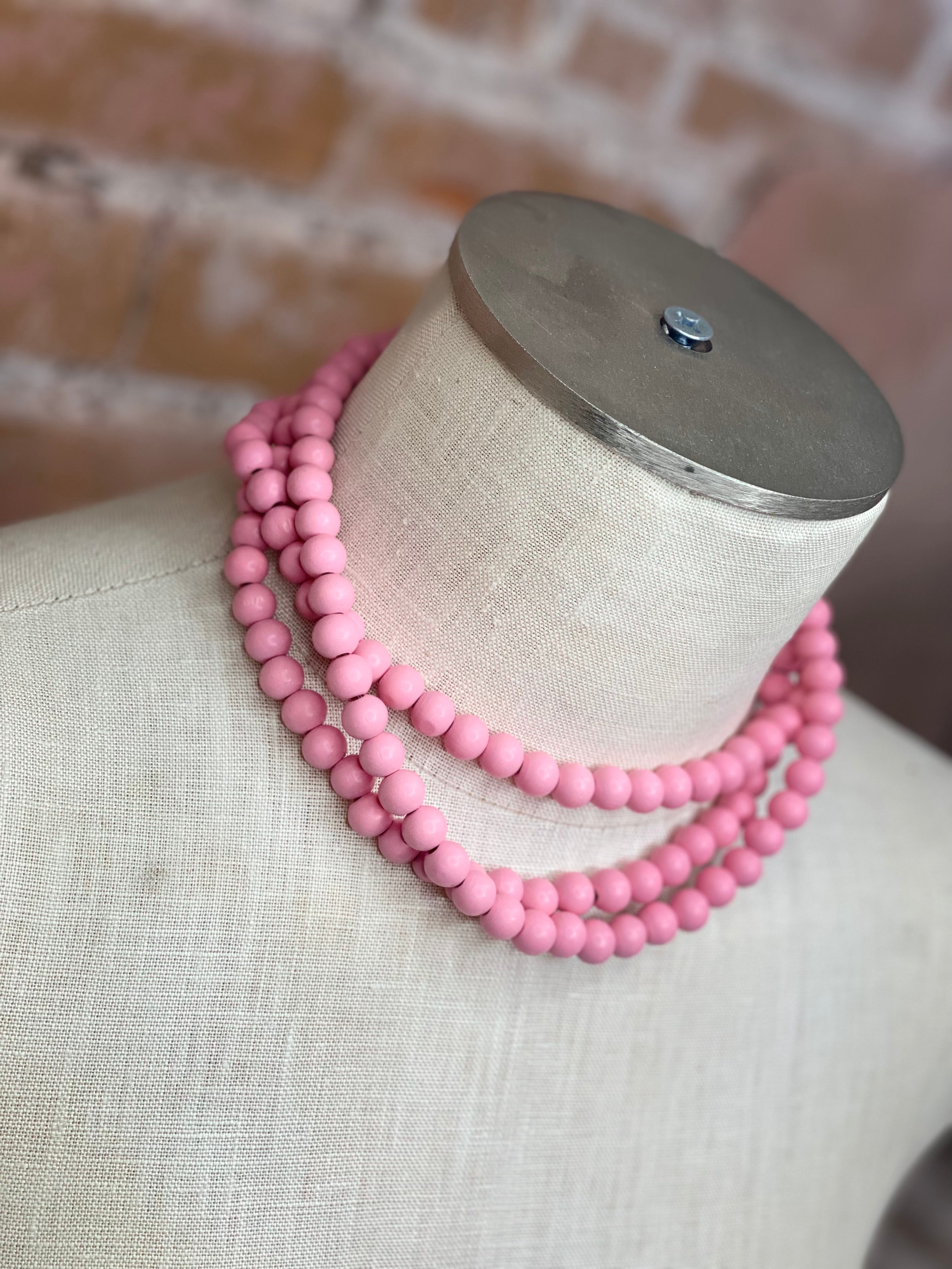 Pink Panache 3 Strand Wooden Bead Necklace (pink/turquoise/off white)