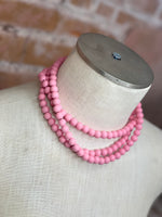 Load image into Gallery viewer, Pink Panache 3 Strand Wooden Bead Necklace (pink/turquoise/off white)
