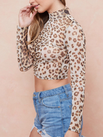 Load image into Gallery viewer, Mesh Leopard Mock Neck Crop w/ Ruched Front
