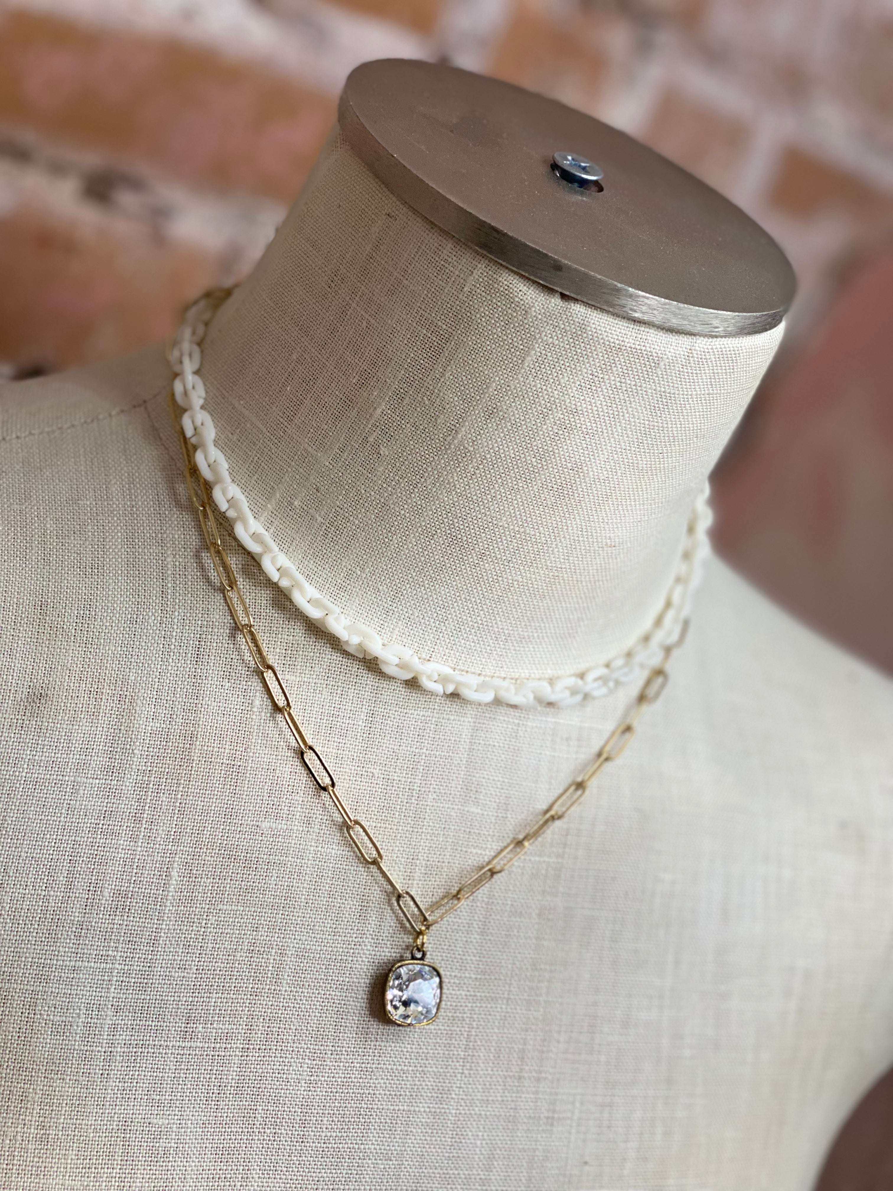 Pink Panache Gold Paperclip Necklace w/ Stone & Colored Chain (white/turquoise)