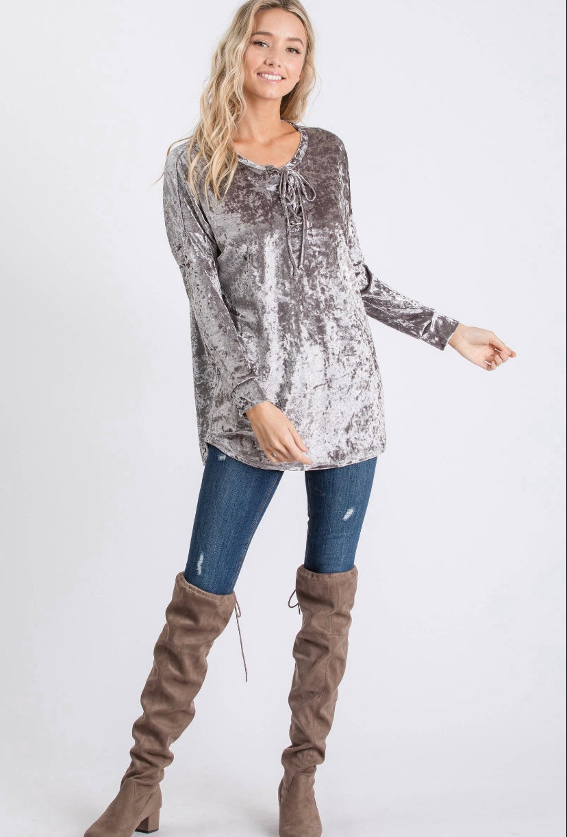 Charcoal Crushed Velvet Eyelet Criss Cross Detail Top with Sleeve Band