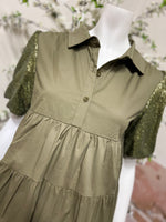 Load image into Gallery viewer, Blue B Olive Tiered Poplin Button Up Shirt Dress w/Sequin Puff Sleeves
