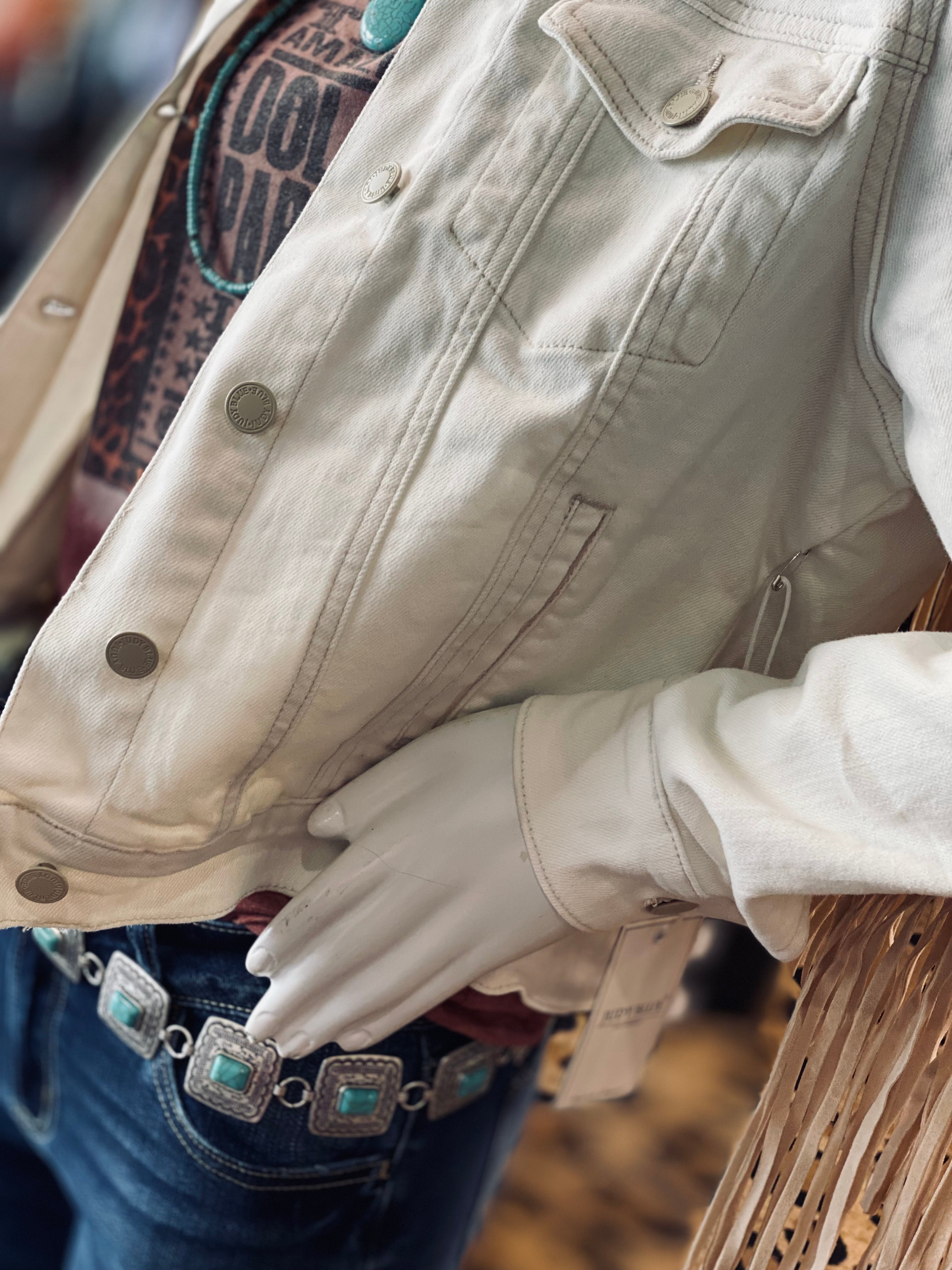 Judy Blue Button Up White Denim  Jacket w/Fringe on Sleeves and Back