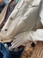 Load image into Gallery viewer, Judy Blue Button Up White Denim  Jacket w/Fringe on Sleeves and Back
