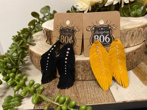 Leather Feather Earrings w/ Iridescent Stones by 806 (black or yellow)